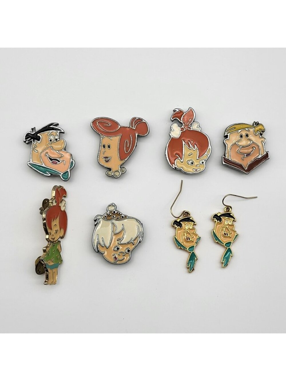 Vintage Flintstones enamel jewelry lot earrings Button covers pebbles pin
